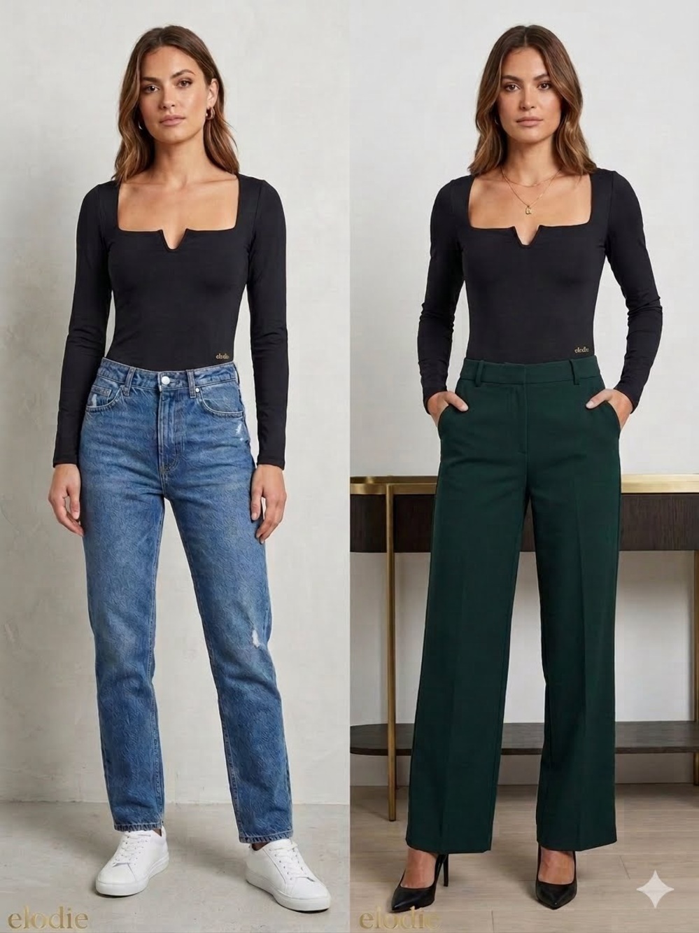 Elodie Black Long-Sleeve Square Neck Crop Top